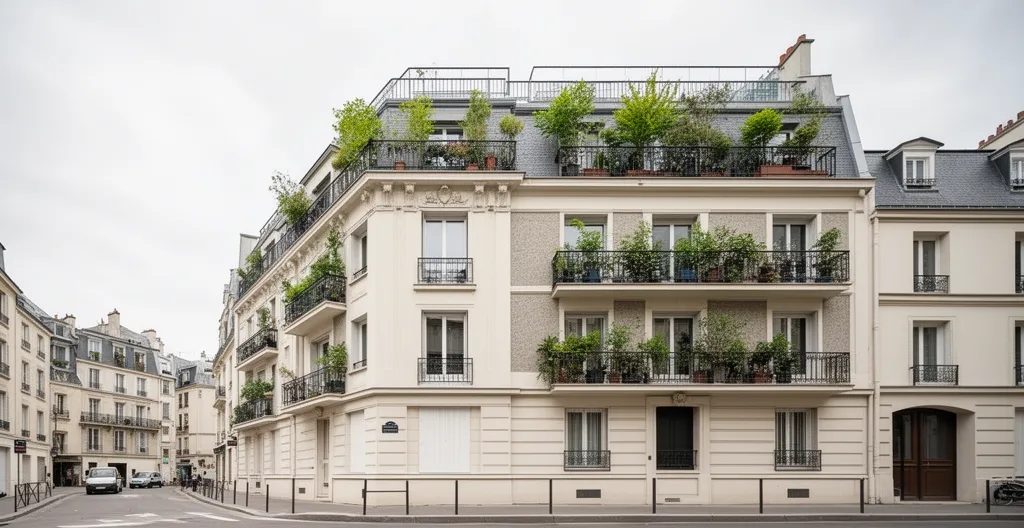 Façade d'immeuble rénové en banlieue parisienne avec balcons modernes