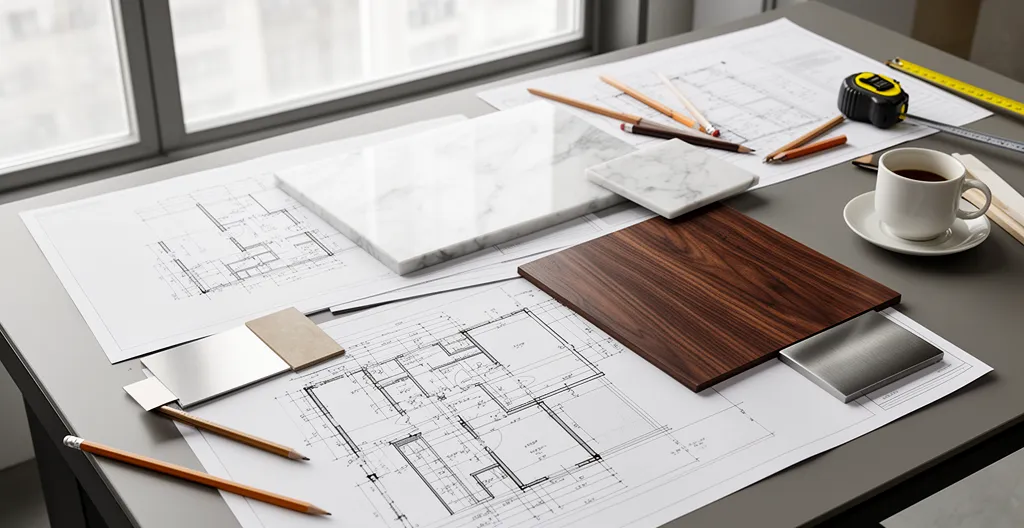 Plans architecturaux posés sur bureau avec échantillons de marbre et bois