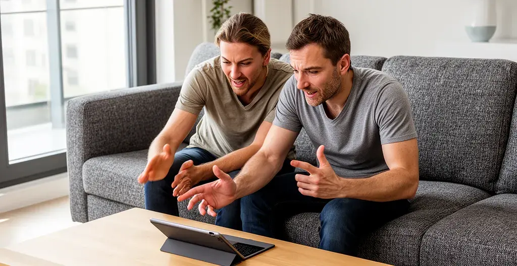 Couple comparant des agents immobiliers sur tablette dans leur salon