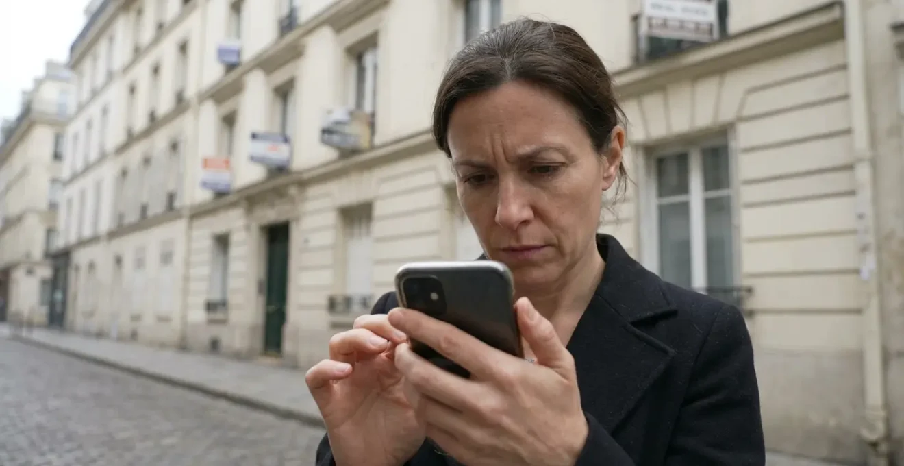 Femme consultant son téléphone pour comparer des agents immobiliers devant un immeuble parisien