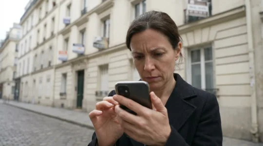 Femme consultant son téléphone pour comparer des agents immobiliers devant un immeuble parisien
